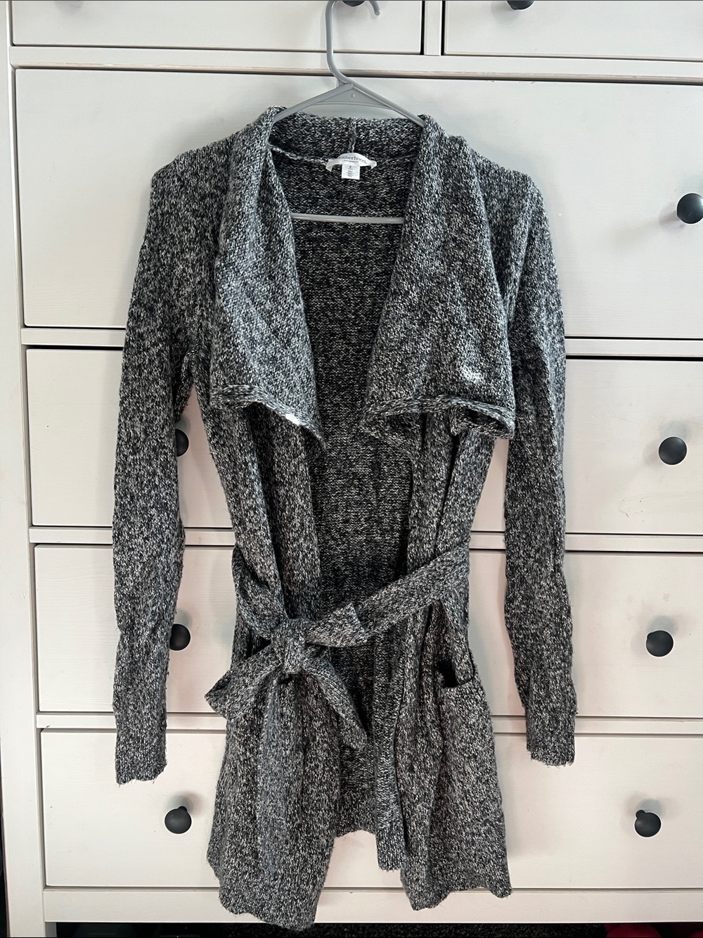 Motherhood Maternity Gray Open-Front Knit Cardigan with Tie Belt